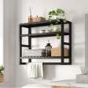 Galood Over The Toilet Storage Bathroom Shelves Wall Mounted 3 Tier Space Saver Corner Shelf Organizer Bamboo Towel Rack Toilet Paper Cabinet with Hanging Rod Black view 1