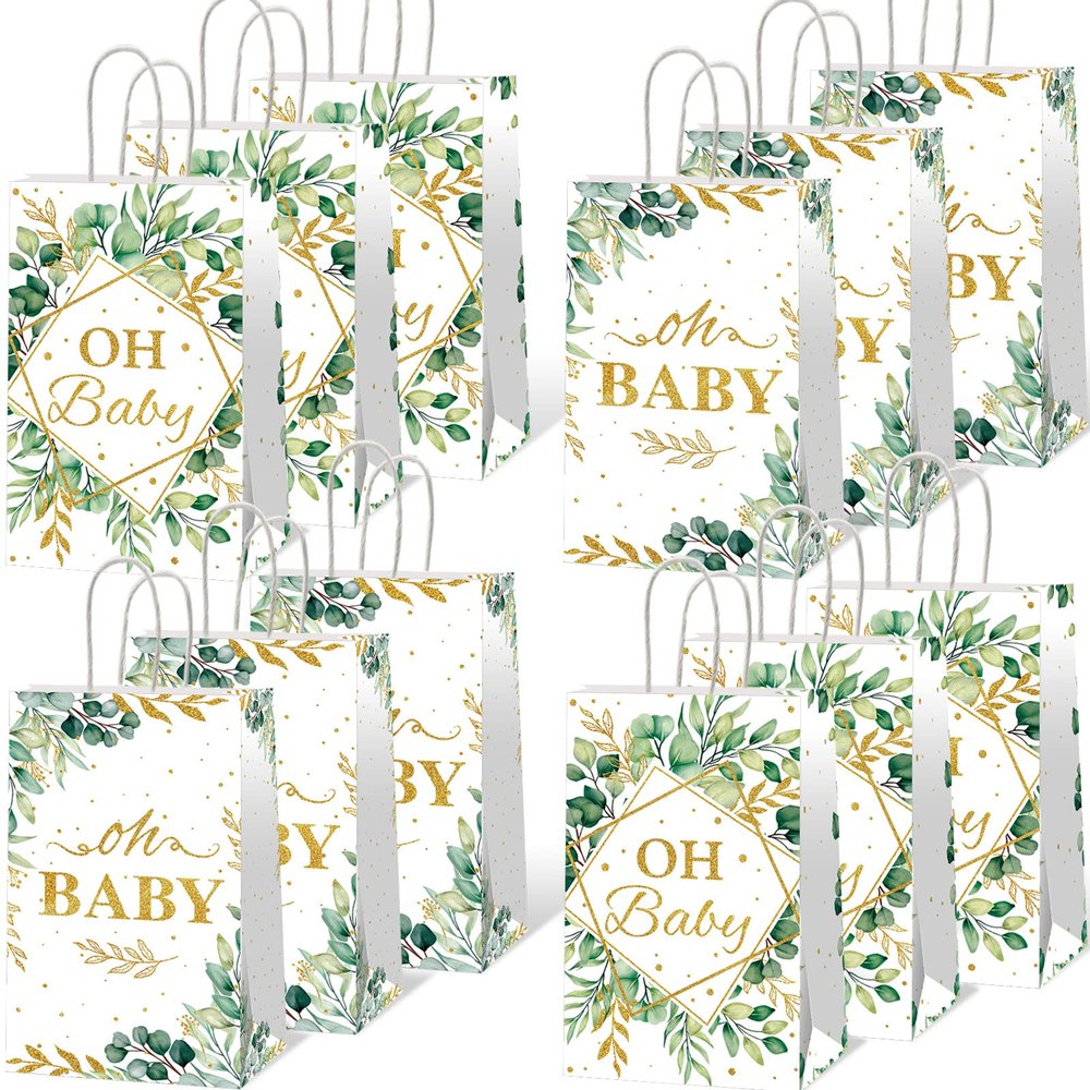 12pcs Oh Baby Party Favors Bags Sage Green Candy Treat Bags Eucalyptus Leaf (4.73.17.9 inches) Gold Foil Greenery Goodie Bag for Sage Boho Woodland Neutral Baby Shower Party Decorations Supplies