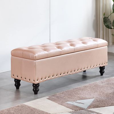 Entryway Shoe Bench with Wood Legs for Livingroom Bedroom Hallway,Rectangular Tufted Storage Bench,Modern False-Leather Storage Ottoman Bench-Champagne 60x40x45cm(24x16x18inch)
