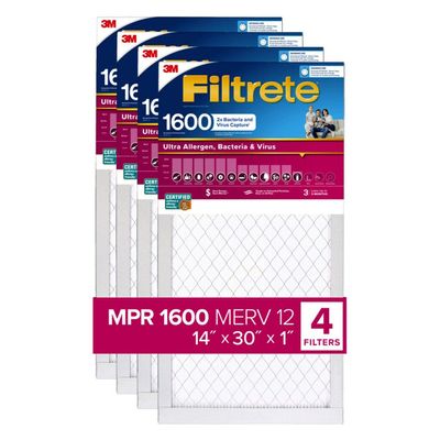 Filtrete Ultra Allergen 2X Bacteria & Virus Filter (1600 MPR), 30x14x1 (4 Pack)