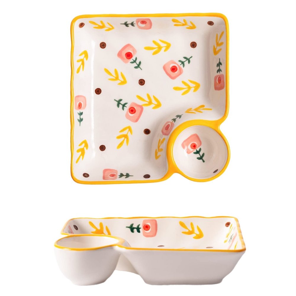 1 Pack Ceramic Divided Snack Serving Plate, Reusable Dipping Sauce Tray for Chips, Sushi, Cupcake, Appetizer, Condiments Dish for Ketchup, Vinegar, Soy, Teatime and Party (Color : B)