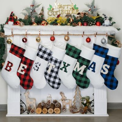 LUBOT Initial Monogram Christmas Stocking Letters 20" Personalized Custom Name Xmas Family Stockings Embroidery Large Buffalo Plaid Rustic/Farmhouse/Country Fireplace Decor Red Letters M