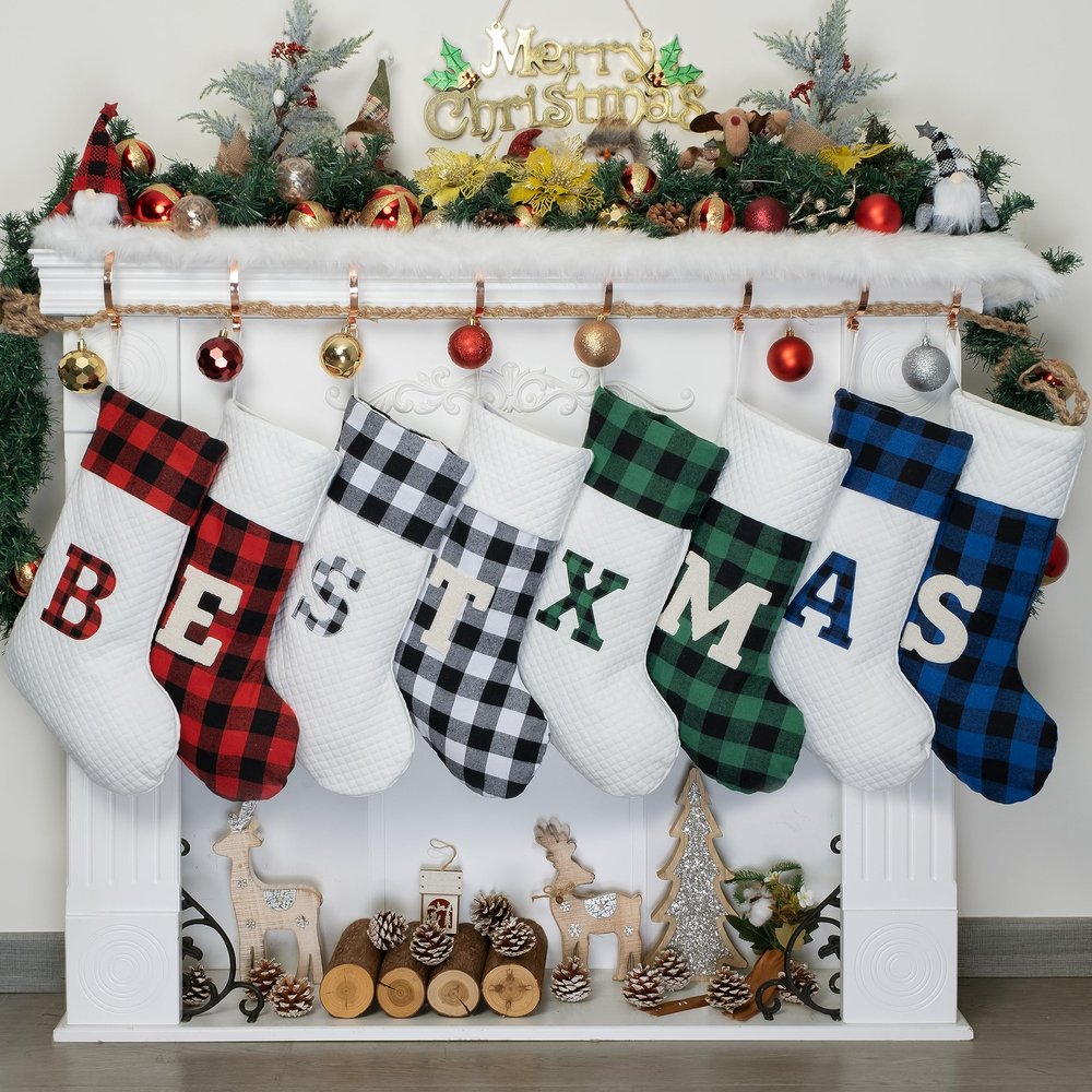 LUBOT Initial Monogram Christmas Stocking Letters 20" Personalized Custom Name Xmas Family Stockings Embroidery Large Buffalo Plaid Rustic/Farmhouse/Country Fireplace Decor Red Letters M