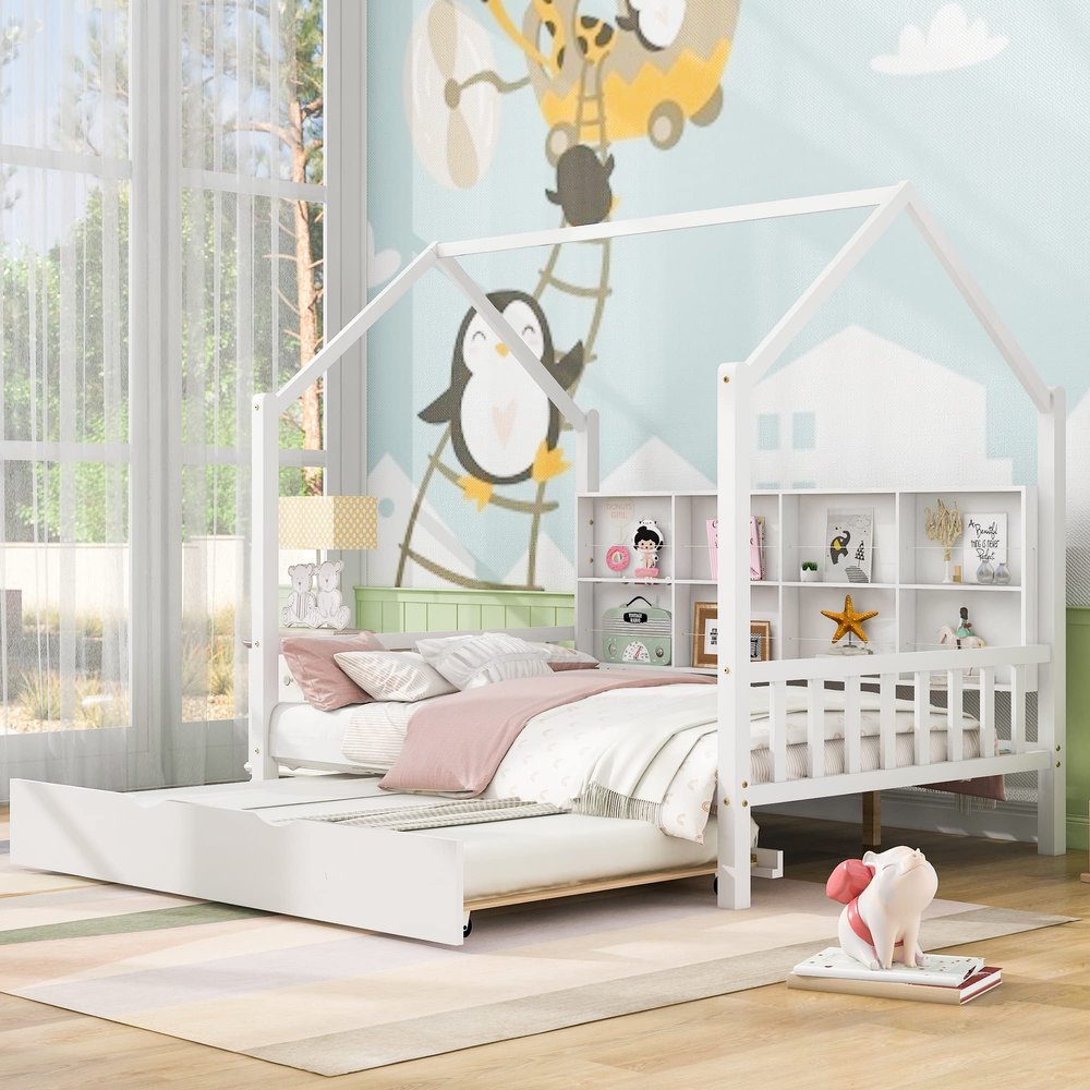 Merax Wood Full House Daybed with Twin Trundle/Storage Shelf,Low Day Bed for Kids Boys Girls,Space Saving White