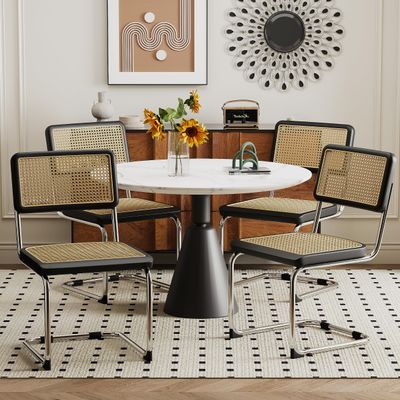 Alunaune Mid Century Modern Black Dining Chairs Set of 4, Upholstered Natural Rattan Kitchen Chairs, Armless Accent Chair Side Chairs with Metal Chrome Legs for Bedroom Living Room-Rattan Seat