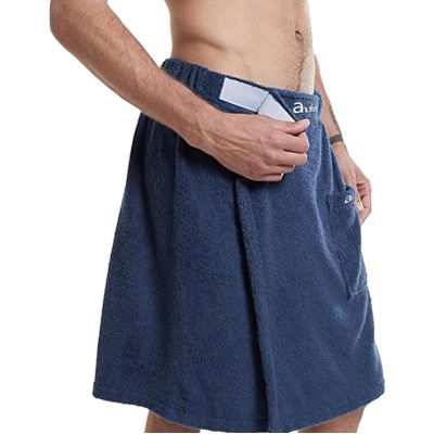 ANUFER Mens Adjustable Bath Towel Wrap - Wearable Towel Skirt with Pocket for Gym Shower Sauna Spa & Beach Cover Ups Navy Blue L