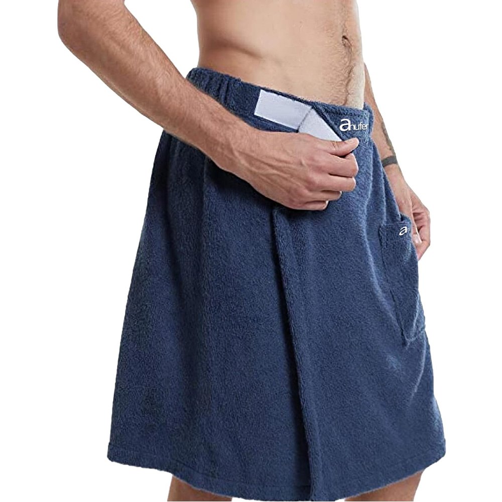 ANUFER Mens Adjustable Bath Towel Wrap - Wearable Towel Skirt with Pocket for Gym Shower Sauna Spa & Beach Cover Ups Navy Blue L
