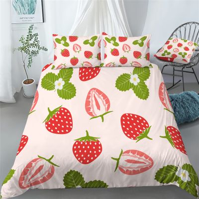 REALIN Red Strawberry Bedding White Strawberry Flower Duvet Cover Set Girl Boy Kids Bed Sets 2/3/4PCS Quilt Covers/Sheets/Pillow Shams,Twin/Full/Queen/King (C,Full-200x229cm-4PCS)