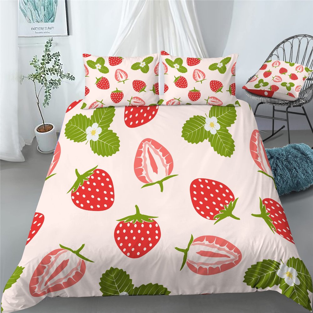 REALIN Red Strawberry Bedding White Strawberry Flower Duvet Cover Set Girl Boy Kids Bed Sets 2/3/4PCS Quilt Covers/Sheets/Pillow Shams,Twin/Full/Queen/King (C,Full-200x229cm-4PCS)
