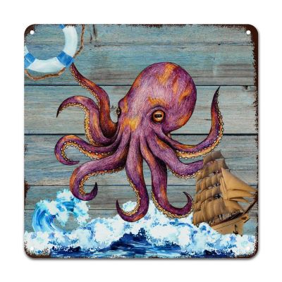 ArogGeld Rustic Octopus Life Buoy Sailboat Metal Sign Sea Wave Metal Wall Art Summer Beach Decorative Home Wall Art 10x10in Nautical Coastal Plaque Sign Decor for Home Pub Bar Restaurant Man Cave