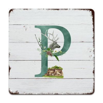 ArogGeld Tin Sign Monogram Initial P Metal Wall Art Alphabet Deer Woodland Home Wall Decoration Single Letter Wildflower 10x10in Country Poster Plaque Decor for Office Home Classroom Man Cave