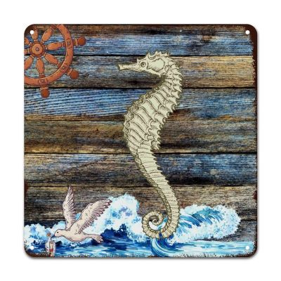 ArogGeld Nautical Coastal Seahorse Rudder Metal Sign Sea Wave Aluminum Metal Sign Ocean Theme Home Sign Wall Decor 10x10in Artistic Wall Decor Art for Home Bar Coffee Shop Man Cave