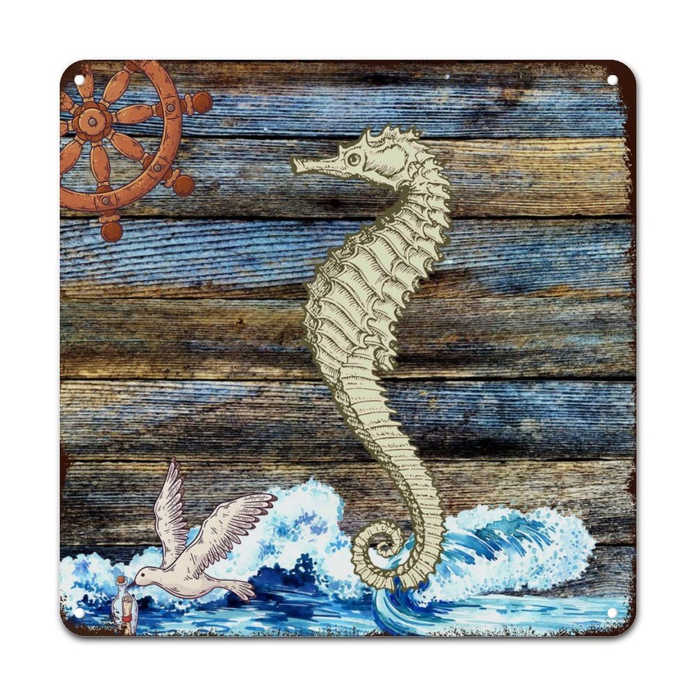 ArogGeld Nautical Coastal Seahorse Rudder Metal Sign Sea Wave Aluminum Metal Sign Ocean Theme Home Sign Wall Decor 10x10in Artistic Wall Decor Art for Home Bar Coffee Shop Man Cave