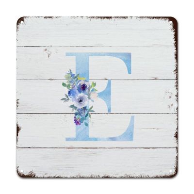 ArogGeld Monogram Initial E Tin Sign Alphabet Blue Floral Metal Tin Sign Last Name Home Wall Decoration Gardener 10x10in Chic Plaque Sign Decor for Home Bar Pub Garage Road Man Cave