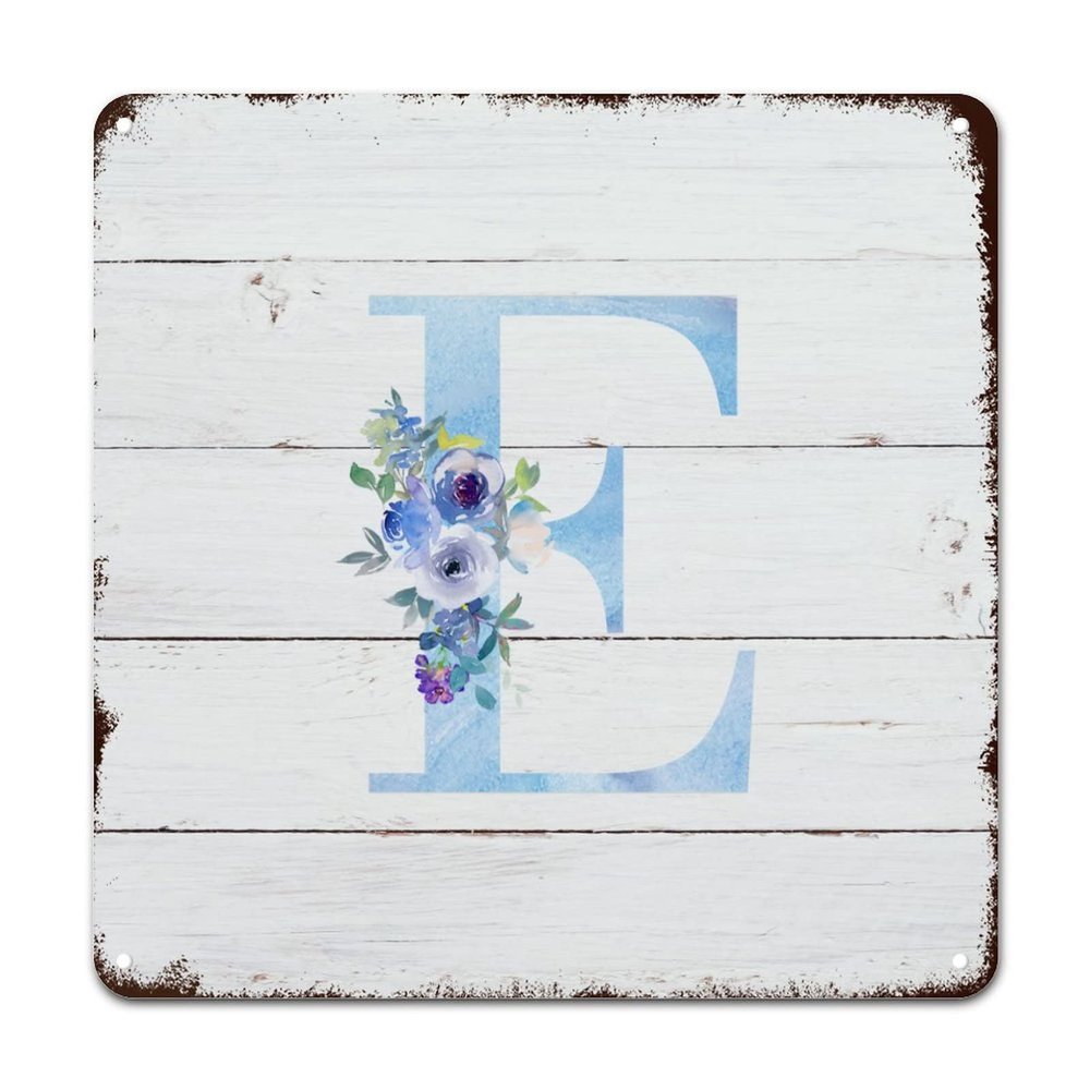 ArogGeld Monogram Initial E Tin Sign Alphabet Blue Floral Metal Tin Sign Last Name Home Wall Decoration Gardener 10x10in Chic Plaque Sign Decor for Home Bar Pub Garage Road Man Cave