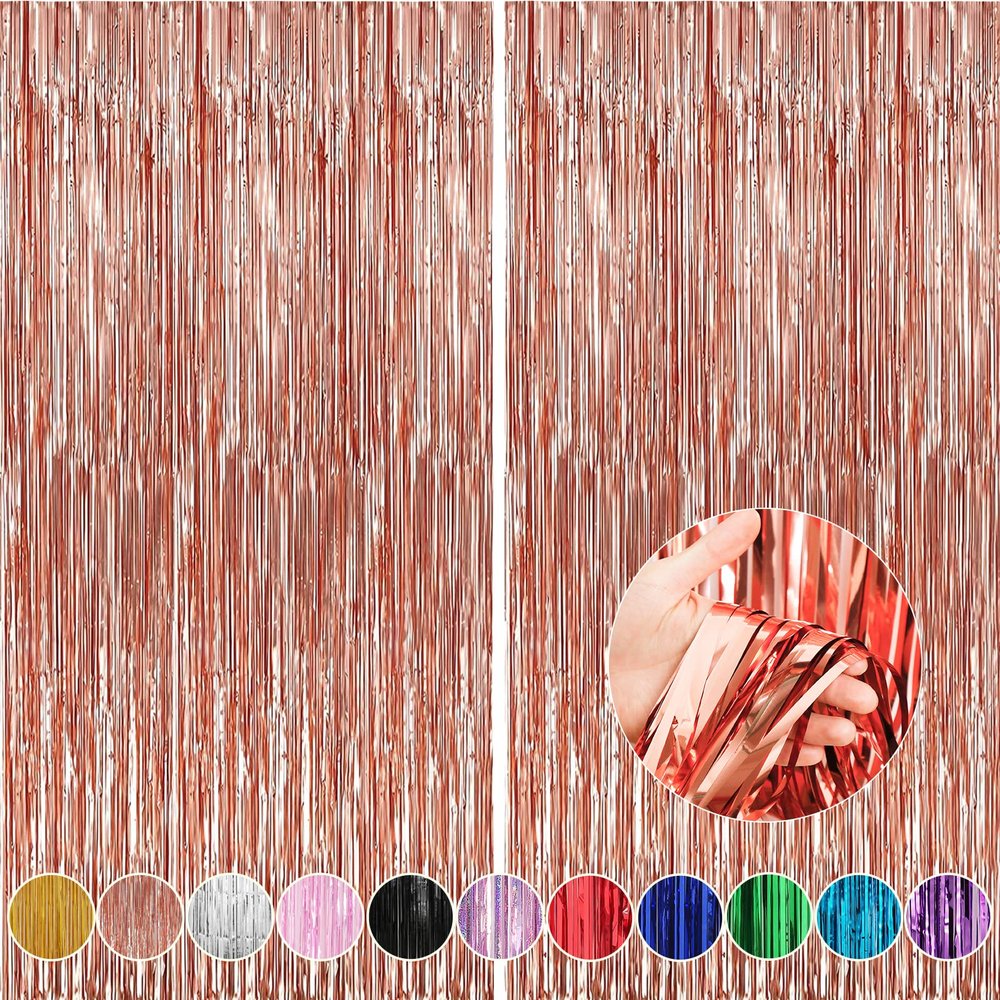 Crosize 2 Pack 3.3 x 9.9 ft Rose Gold Foil Fringe Backdrop Curtain, Streamer Backdrop Curtains, Streamers Birthday Party Decorations, Tinsel Curtain for Parties, Photo Booth Backdrops, Party Dcor