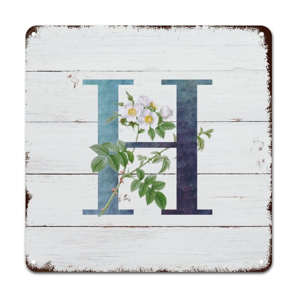 ArogGeld Monogram Initial H Blue Metal Sign Alphabet White Floral Metal Tin Sign Single Letter Wall Art Home Decor Wild Flower 10x10in Modern Wall Decor Art for Cafe Living Room Kitchen