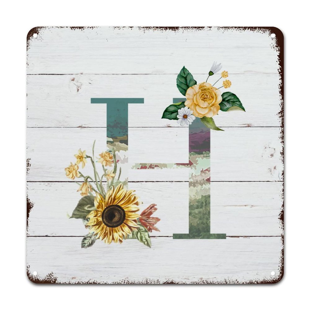 ArogGeld Metal Sign Monogram Initial H Metal Tin Sign Alphabet Yellow Floral Home Wall Decoration Last Name Spring Floral 10x10in Country Plaque Tin Sign for Home Bar Coffee Man Cave Garage