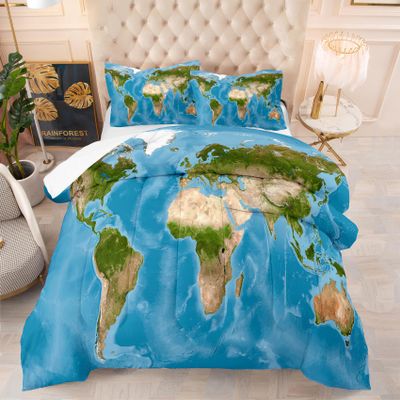 Tailor Shop World Map Bedding Set Full Size - Blue Ocean Comforter for Kids Boys Girls, Various Countries Quilted Abstract Art Bedding With 2 Pillowcases - Breathable Bedroom Decor