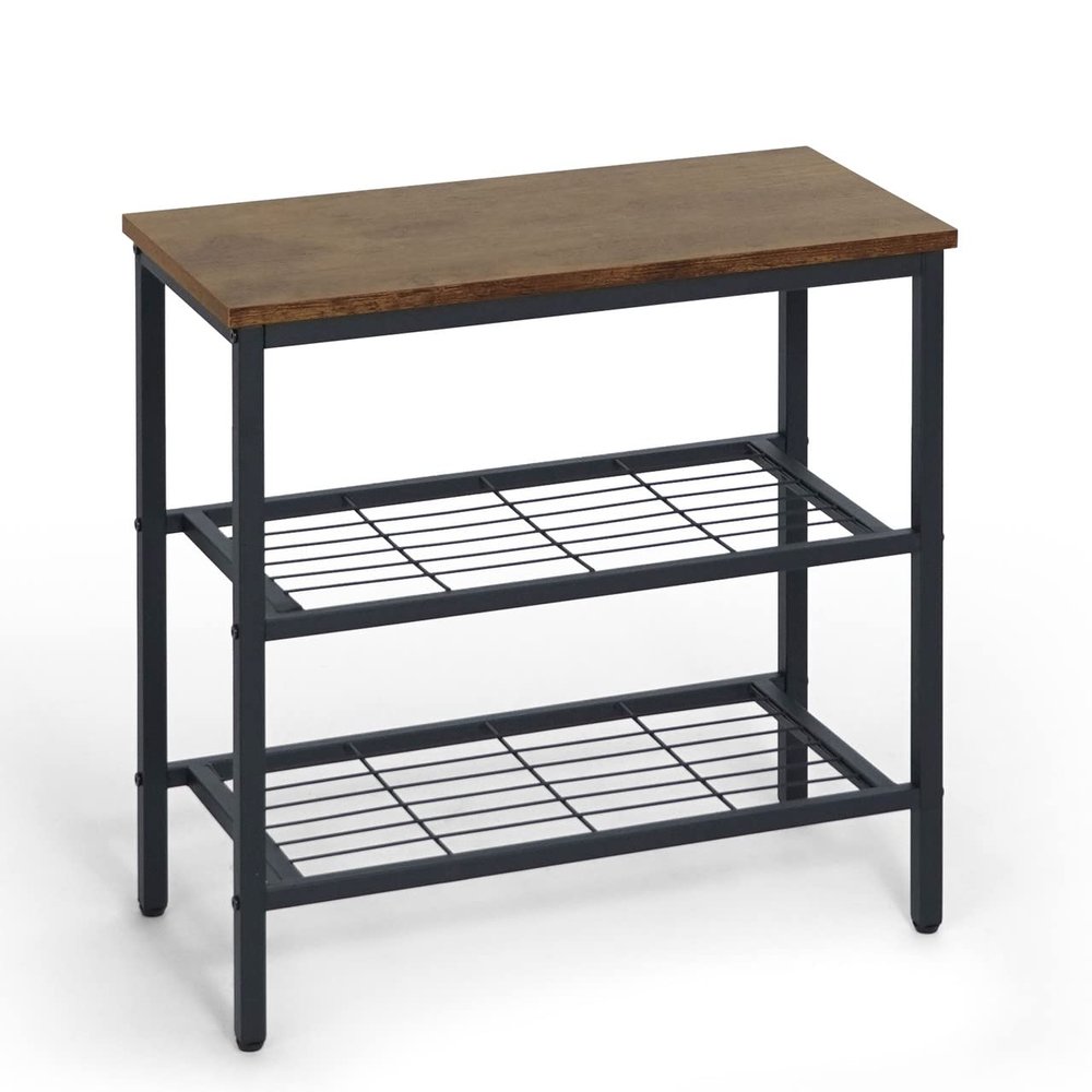 Fencer Wire 3-Tier Shoe Rack for Entryway, Mudroom Shoe Bench, Small Shoe Rack, Metal Shoe Shelf with Wood Board, Industrial Shoe Storage Table for Hallway, Living Room, Bedroom, Closet, Rustic Oak