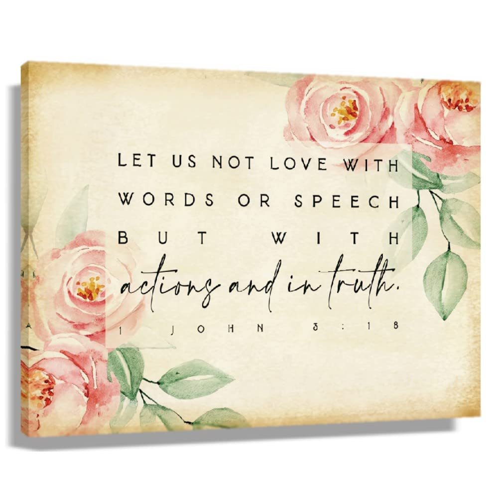 1 John 3 18 Bible Wall Art Love with Action and in Truth Christian Posters Scripture Wall Decorative Painting Hanging Print Pictures for Bedroom (12x18inch(30x45cm),Framed)