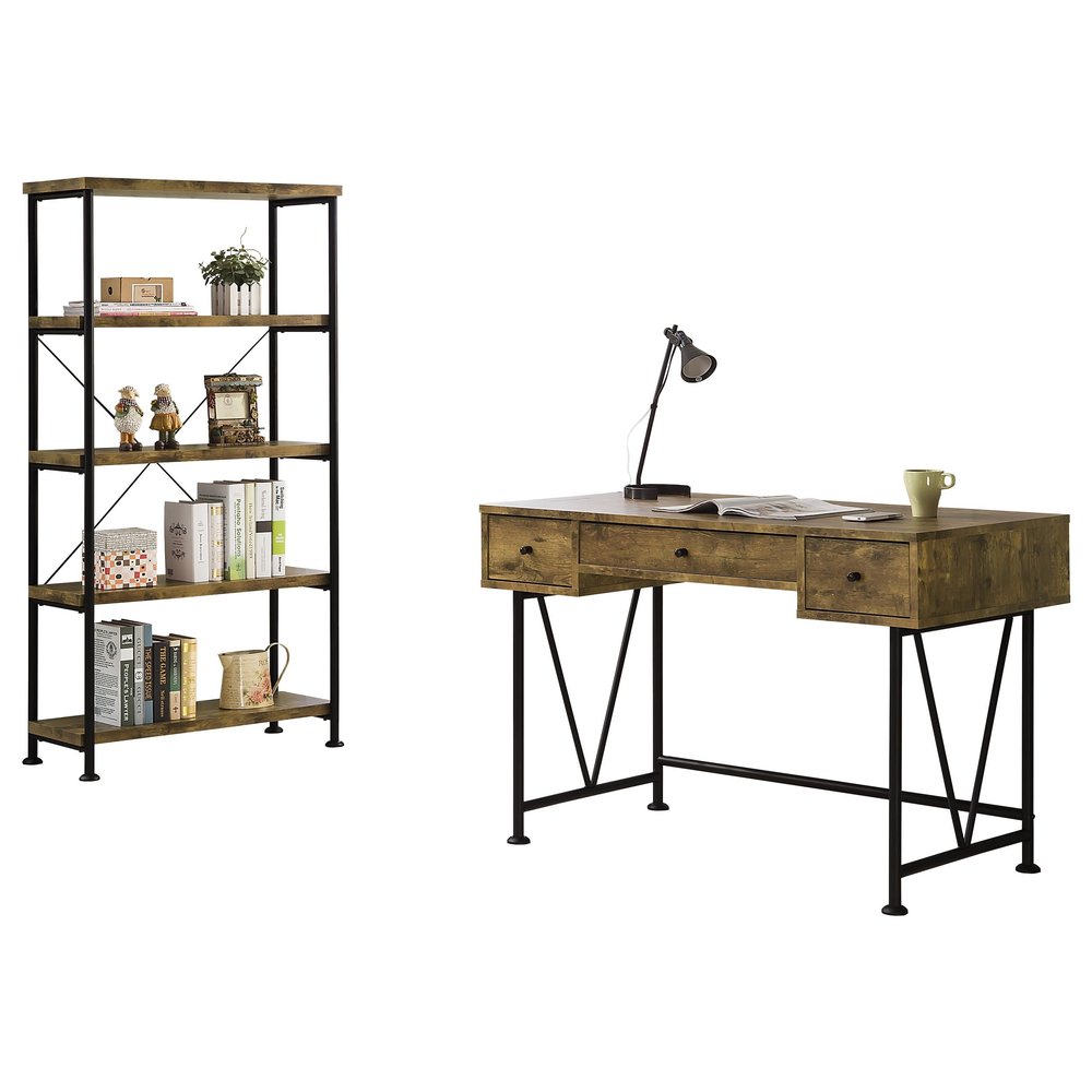 Coaster Home Furnishings - Analiese - Metal and Wood - 2-Piece Computer Desk and Bookcase Set with Three Storage Drawers, Four-Shelf Bookcase - Farmhouse - Home Office - Rustic Nutmeg - 801541-S2