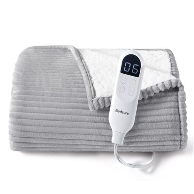 Bedsure GentleSoft Heated Blanket Throw - Soft Ribbed Flannel Electric Blanket, Heating with 6 Time Settings (Up to 10H), 6 Heat Settings & 8Hr Timer Auto Off, Gifts for Grandma (50"x60", Light Grey)