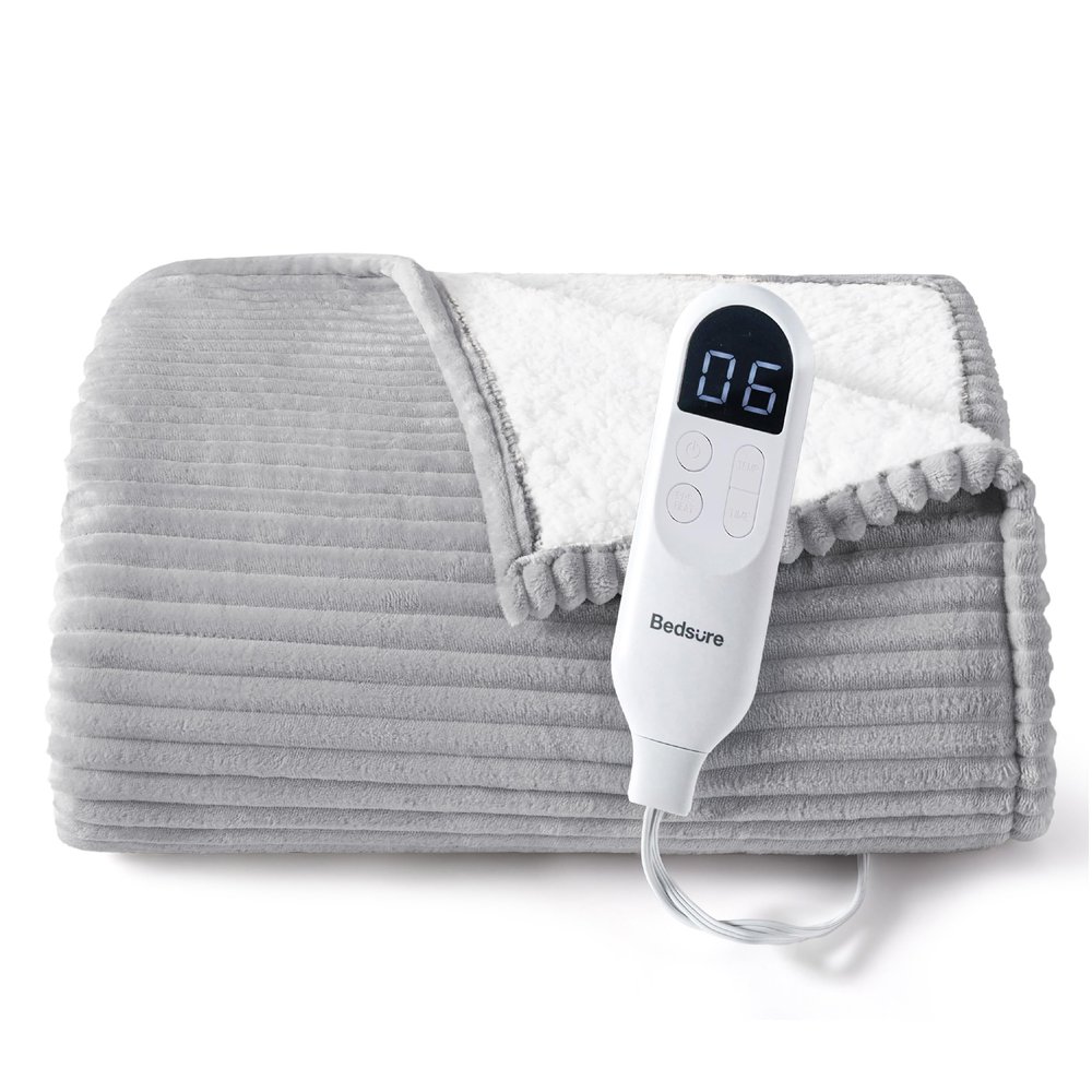 Bedsure GentleSoft Heated Blanket Throw - Soft Ribbed Flannel Electric Blanket, Heating with 6 Time Settings (Up to 10H), 6 Heat Settings & 8Hr Timer Auto Off, Gifts for Grandma (50"x60", Light Grey)