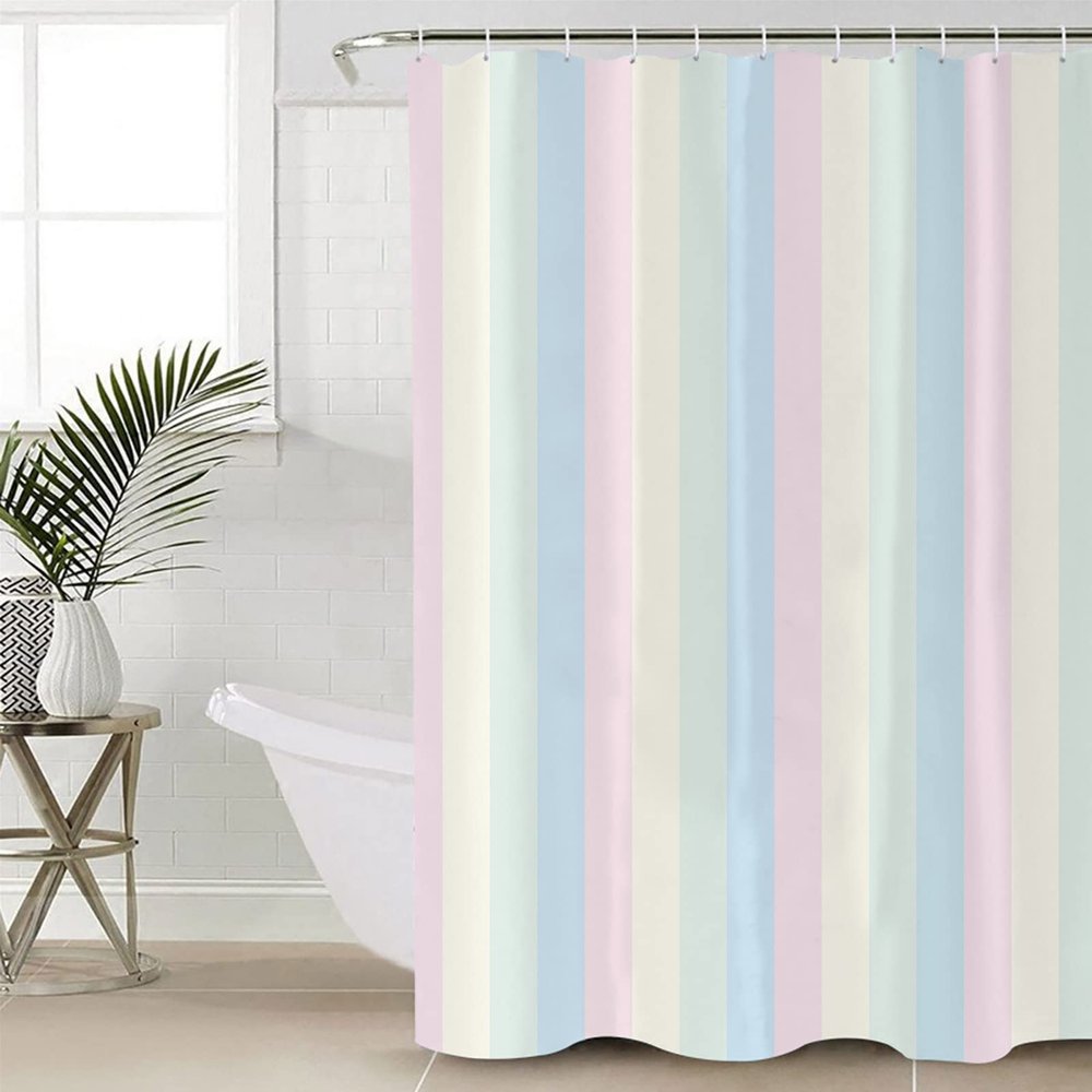 Double Love Pastel Bathroom Curtain 78 Inch Shower Curtain with 12 Hooks, Waterproof Polyester Bath Curtain Washable Bathtub Curtain Rainbow Candy Color Geometric Stripes 72''x 78''