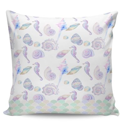 YOKOU Throw Pillow Case Square Satin Cushion Cover, Dreamlike Hippocampus Conch Shell Scale Summer Marine Life Ocean Pillowcase for Sofa Couch Living Room Bedroom, 1 Pack 18" x 18"
