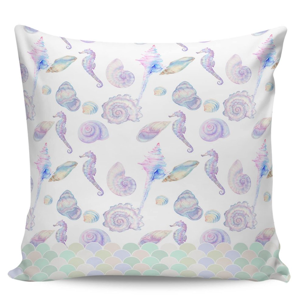 YOKOU Throw Pillow Case Square Satin Cushion Cover, Dreamlike Hippocampus Conch Shell Scale Summer Marine Life Ocean Pillowcase for Sofa Couch Living Room Bedroom, 1 Pack 18" x 18"