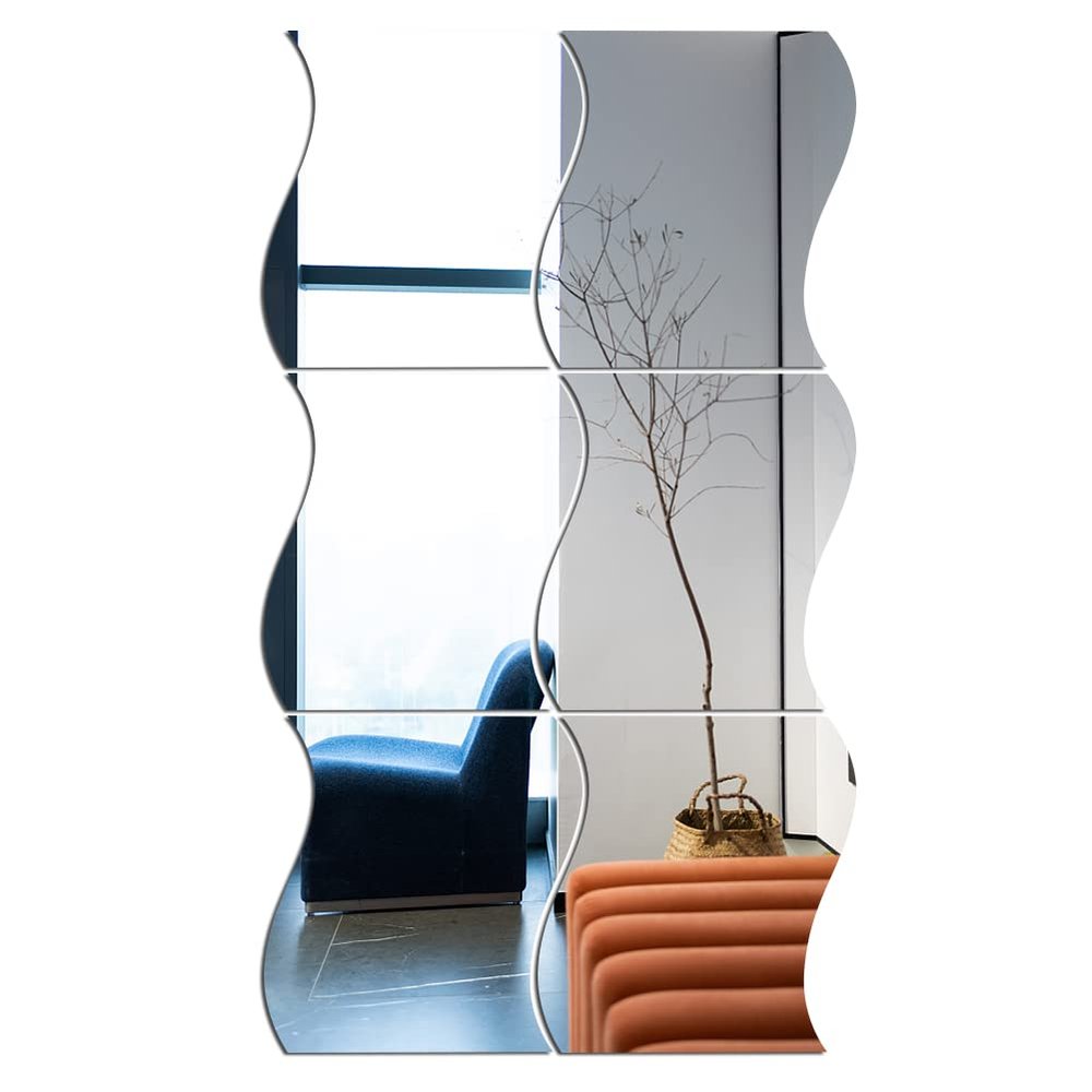 Wave Acrylic Mirror Wall Tiles, 6 Pieces - Self Adhesive, Waterproof 3D Sheets for Home Wall Decor