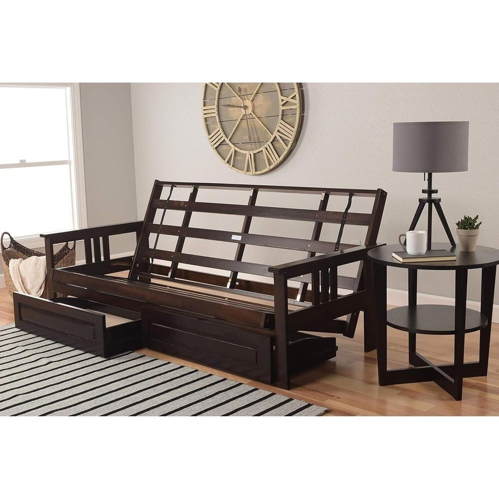 HomeStock Asian Allure Fusion Futon Wood Frame Classic Style with Mission Style Arms with Solid Pattern with Foldable Feature for Lounge Room with Tight Back Espresso/Full Frame with Drawers