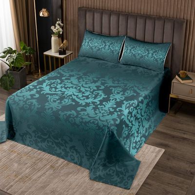 Erosebridal Teal Ombre Damask King Quilted Beddings for Men Women Vintage Paisley Floral Bedspread,Bohemian Exotic Gothic Coverlet Set,Victorian Baroque Quilt Set Luxury Room Decor 2 Pillow Cases