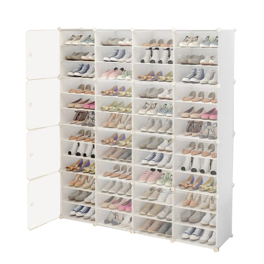 YIPONYT Large Shoe Organizers Storage Box,4 * 12 Pack Shoe Boxes Clear Plastic Stackable,Middle Removable Without Baffle Combination,Dust And Moisture Resistant Stackable Shoe Cabinet(White)