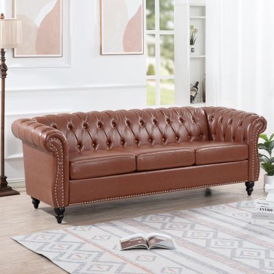 84.56'' Classic Tufted Sofa PU Leather Couch 3-Seat Sofa with Rolled Arm, Comfortable Removable Cushion, Sturdy Solid Frame, Weight Capacity 660 LBS, Easy to Clean, Simple Elegance Style Sofa, Brown