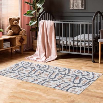 Hauteloom Road Kennington Runner Rug for Kids, Toddler Room, Nursery, Playroom, Classroom - Machine Washable - Cream, Red, Blue, Gray - 2'7" x 10' Runner