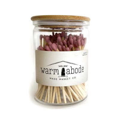 Made Market Co. Matches in Warm Abode | Approx. 160 Wood Colored Tip Safety Matchsticks for Candle & Decor | Fancy 3.5" Match Sticks | Glass Jar Holder with Lid & Striker (Dusty Rose)
