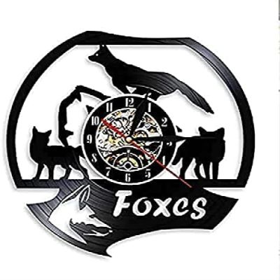 Vinyl Clock Non Ticking Wall Clock Fox Family Wall Clock Modern Design Wild Animal Vinyl Record Wall Clock 3D Hanging Clockes Handmade Nursery Decor for Kids 12 inches