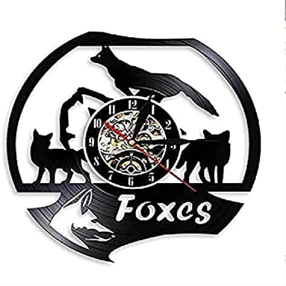 Vinyl Clock Non Ticking Wall Clock Fox Family Wall Clock Modern Design Wild Animal Vinyl Record Wall Clock 3D Hanging Clockes Handmade Nursery Decor for Kids 12 inches