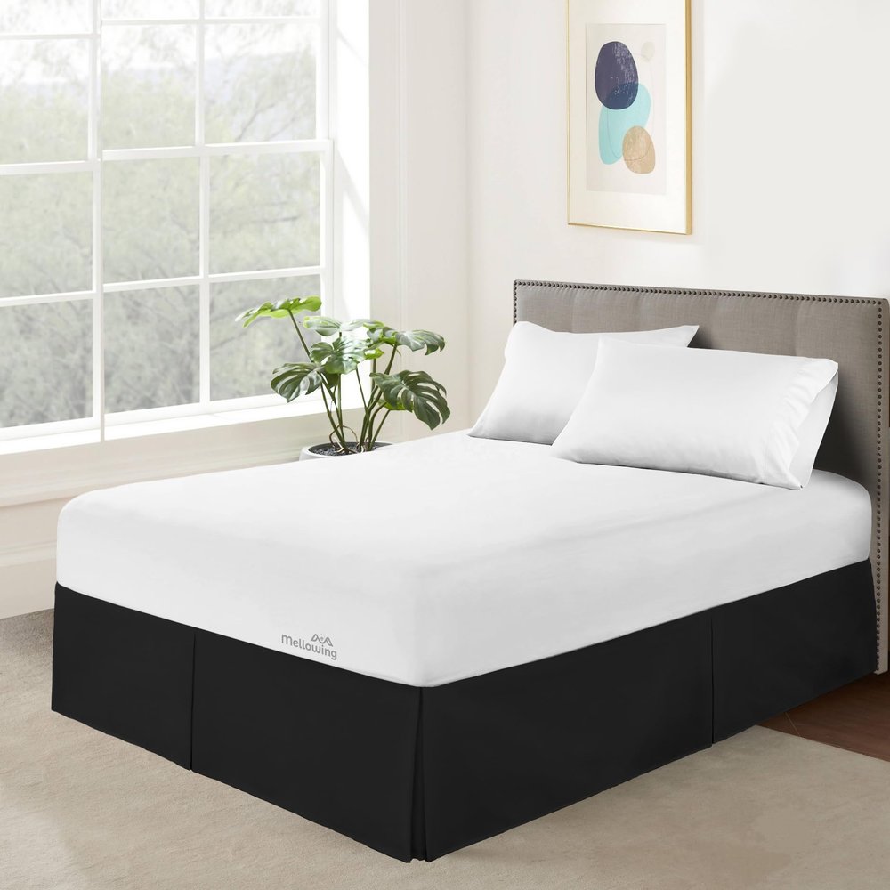 Mellowing Pleated Bed Skirt with Platform Three Sided Coverage 18 inch Tailored Drop Brushed Microfiber Pleated Bed Skirt with Split Corners (Full,Black)