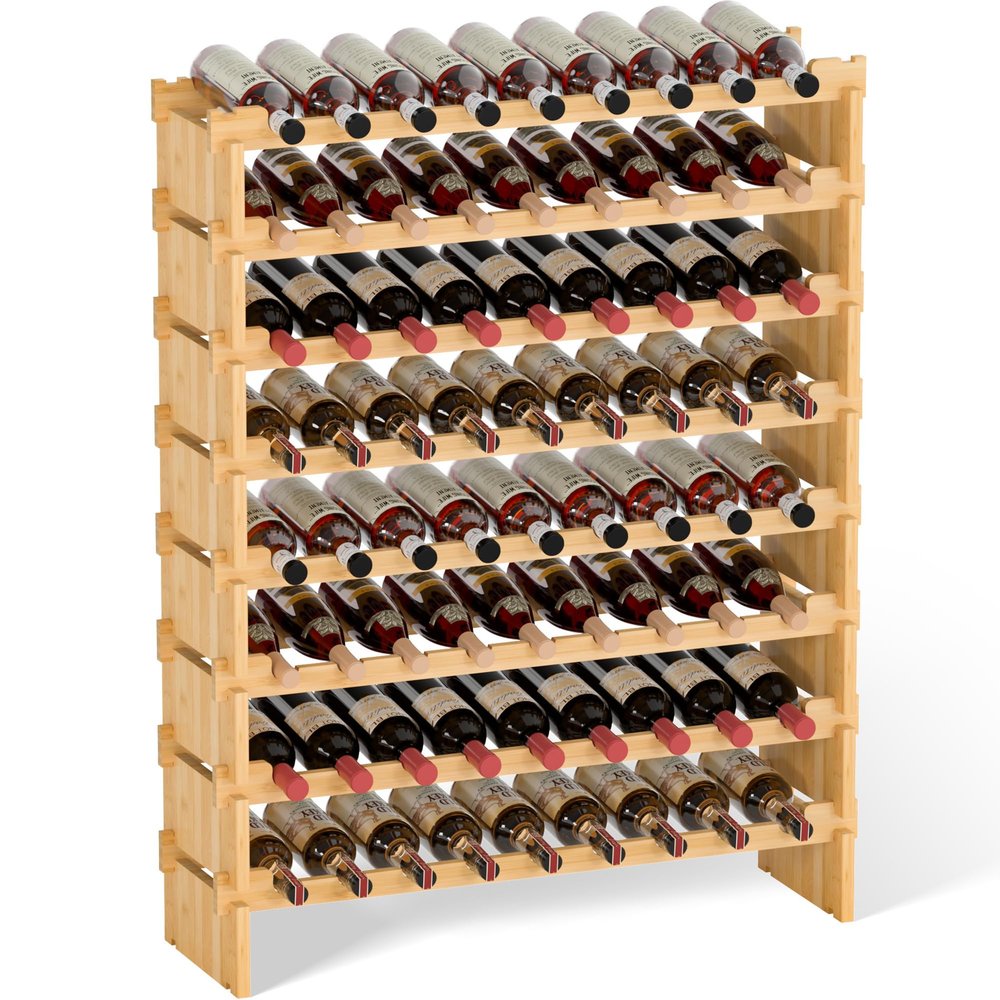 Domax Wine Rack Freestanding Floor - Bamboo Wooden Stackable 8 Tiers 72 Wine Bottle Holder Storage Racks for Kitchen, Bar, Pantry and Cellar (Yellow)
