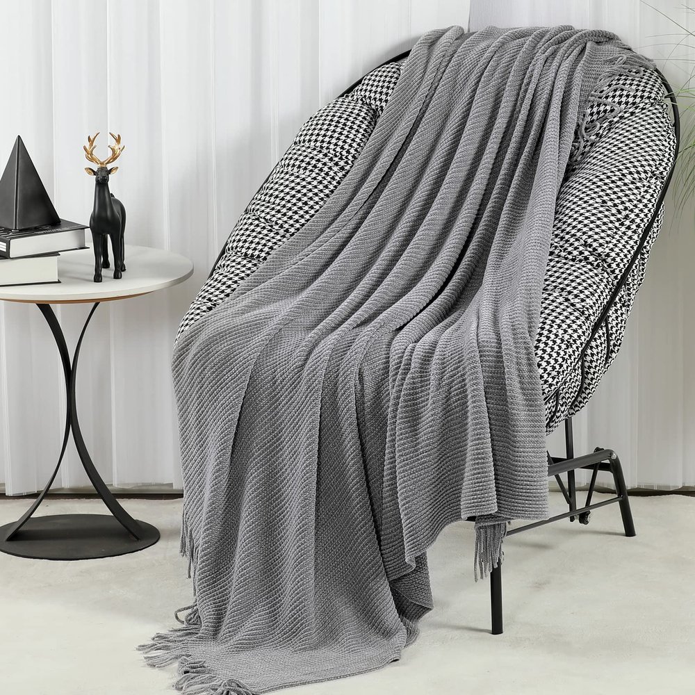 Blagic Grey Throw Blanket for Couch Soft Farmhouse Chenille Boho Throw Blanket with Tassels Home Decorative Lightweight Throw Blankets, Throws for Bed/Chair/Sofa, Stripe Textured (Light Grey,50"x60")
