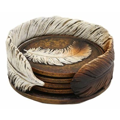 1 Set of Rustic Western Indian Eagle Feather Coaster Holder with 4 Round Coasters