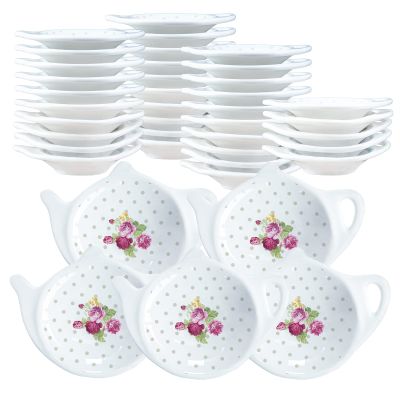 Bicuzat Polka Dot and Flowers Tea Bag Holder Tea Porcelain Accessories Teapot Shaped Tea Bag Coaster Resting Caddy Saucer 4 Inch/10cm-Set of 40