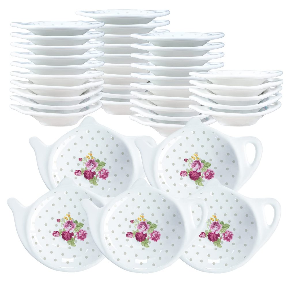 Bicuzat Polka Dot and Flowers Tea Bag Holder Tea Porcelain Accessories Teapot Shaped Tea Bag Coaster Resting Caddy Saucer 4 Inch/10cm-Set of 40