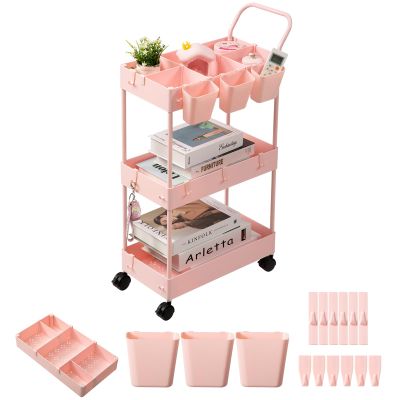 danpinera Plastic Slim Storage Cart, 3 Tier Narrow Rolling Cart on Wheels Bathroom Organizer with Dividers Handle Hanging Cups Hooks for Laundry Room Kitchen Small Spaces, Pink