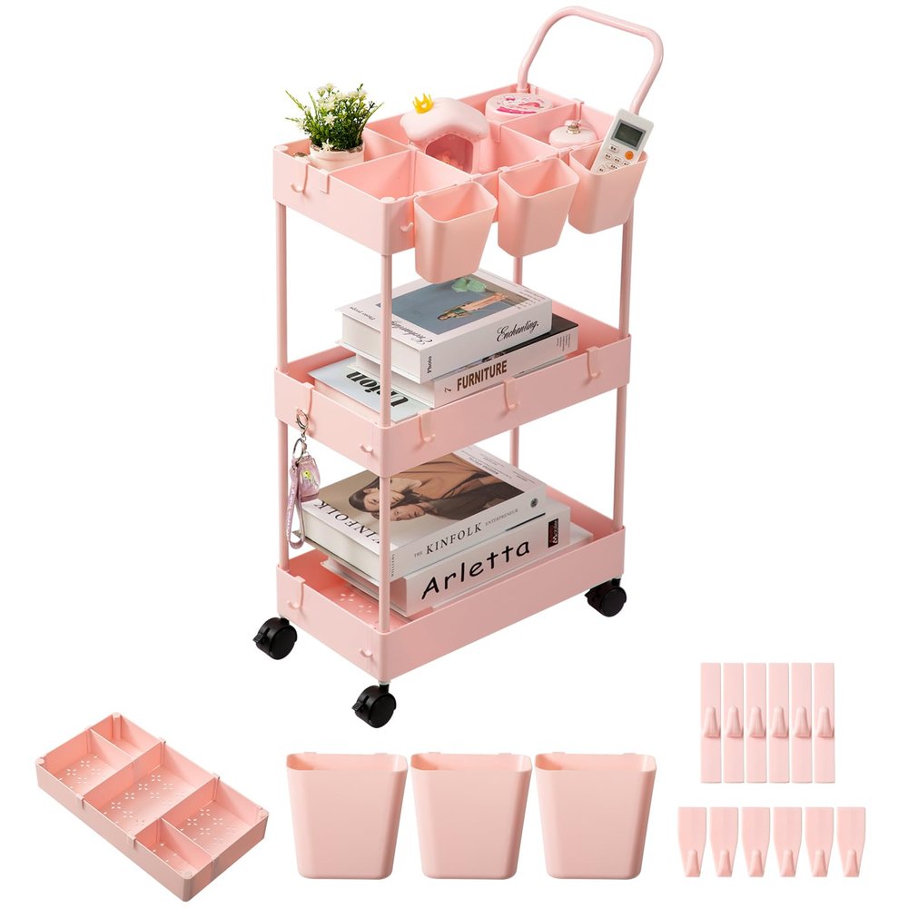 danpinera Plastic Slim Storage Cart, 3 Tier Narrow Rolling Cart on Wheels Bathroom Organizer with Dividers Handle Hanging Cups Hooks for Laundry Room Kitchen Small Spaces, Pink
