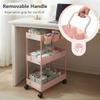 danpinera Plastic Slim Storage Cart, 3 Tier Narrow Rolling Cart on Wheels Bathroom Organizer with Dividers Handle Hanging Cups Hooks for Laundry Room Kitchen Small Spaces, Pink view 4
