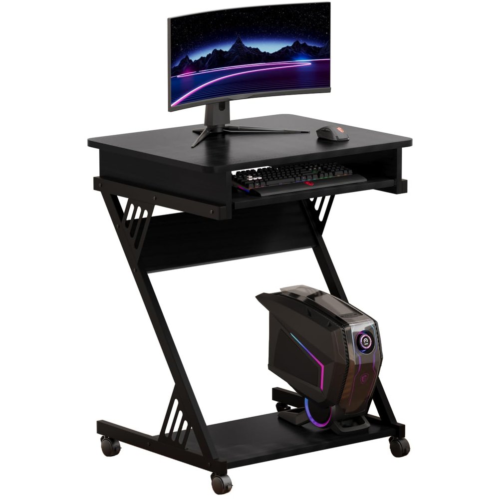 ALISENED 2 Tier Computer Desk with Keyboard Tray, 23.6" Home Office Desk Computer Workstation Rolling Study PC Laptop Table for Small Spaces,Z-Shaped Small Compact Study Table